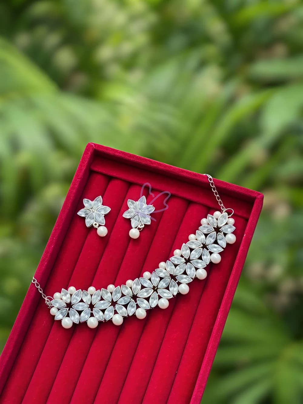 Floral Crystal Stone Choker Set with Earrings