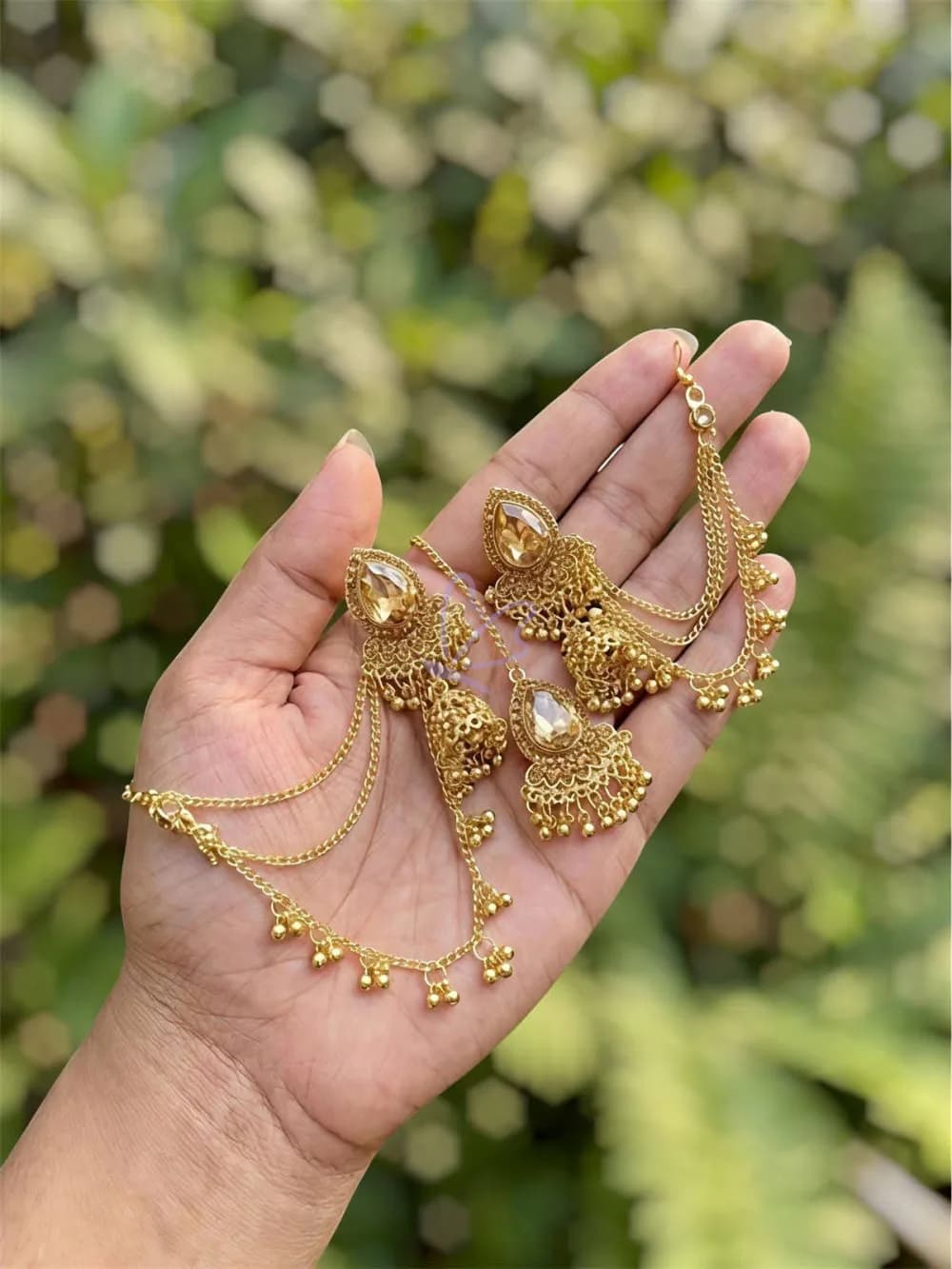 Jhumka Earrings with Kaan Tana (Ear Chain)