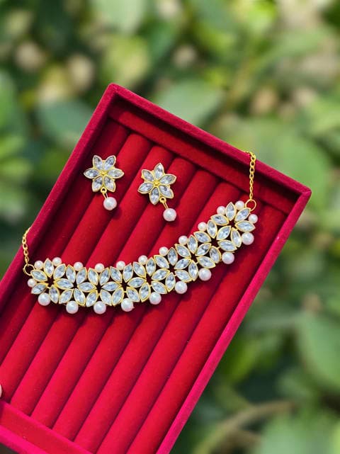 Floral Crystal Stone Choker Set with Earrings