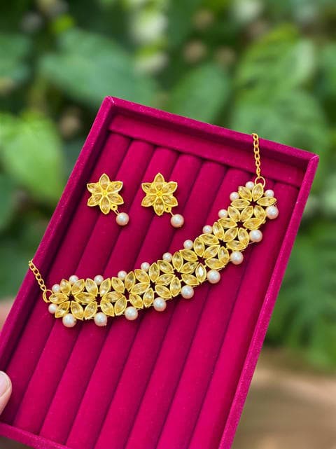 Floral Crystal Stone Choker Set with Earrings