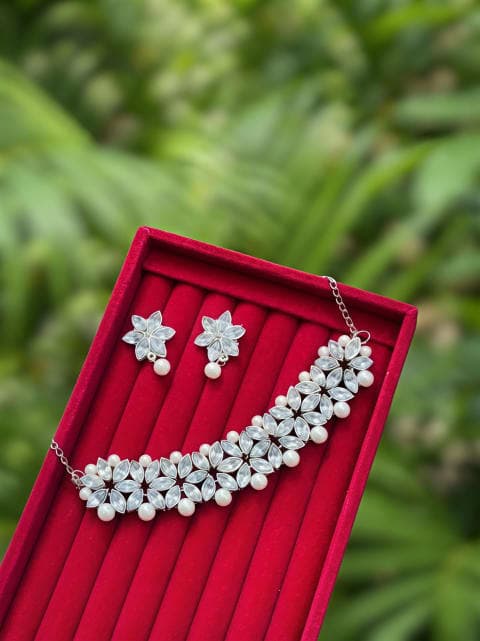 Floral Crystal Stone Choker Set with Earrings