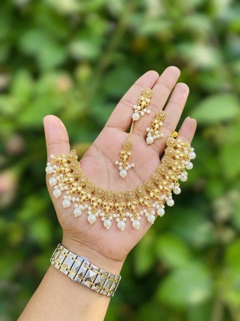 Gold Kundan Pearl Necklace Set with Earrings & Tikka