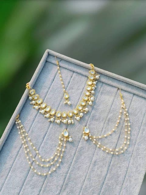White Kundan Necklace Set with Ear Chains & Tikka