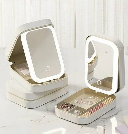 আয়না সহ LED লাইট মেকআপ স্টোরেজ বক্স - পোর্টেবল ট্র্যাভেল কসমেটিক অর্গানাইজার, টাচ কন্ট্রোল, 3টি সামঞ্জস্যযোগ্য উজ্জ্বলতা স্তর